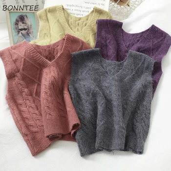 

Vest Women Oversize Pullover V-Neck Knitted Leisure Femme Sleeveless Tops Chic Ladies Spring Ulzzang Outerwear Elegant 10 Colors