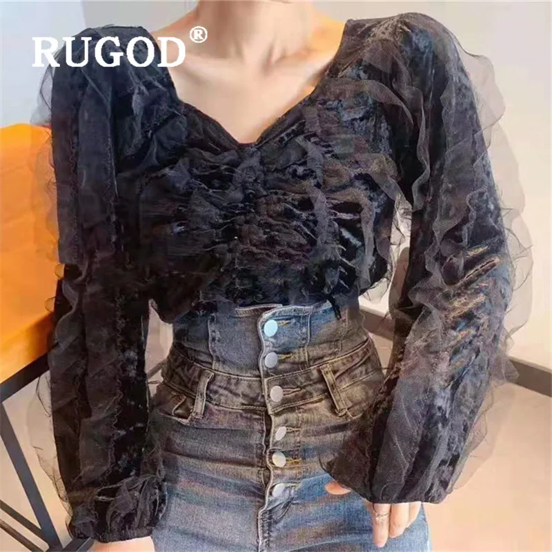 RUGOD Весенняя многослойная кружевная блузка женские блузки с длинным рукавом элегантный топ корейская модная одежда женские рубашки Милая рубашка