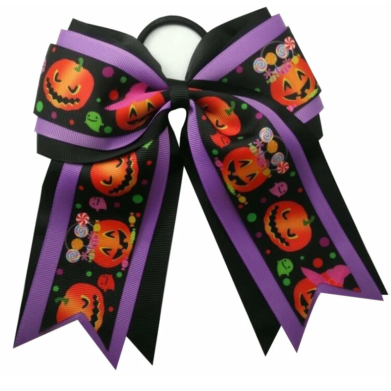 

7 inch Halloween Holiday Ribbon hair bows with elastic Cheer Bow For Baby Children Girls Hair accessory Private custom