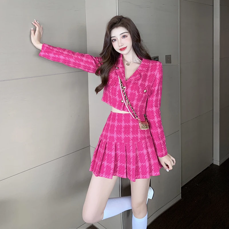 ジャケット・アウター tweed over jacket / mini skirt Autumn Small Fragrance Plaid Tweed Skirt Suit Women Single