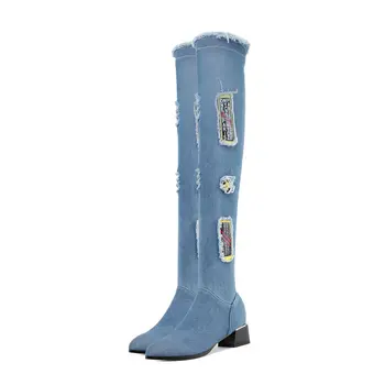 

Denim over the knee boots woman 4cm med heels rouned toe autumn winter boots women wedding party shoes woman boots size 41 42 43