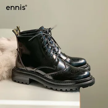 

ENNIS Black Martin Platform Brogue Boots Genuine Leather Booties Women Lace Up Ankle Boots Winter Autumn Fashion Shoes NEW A0298