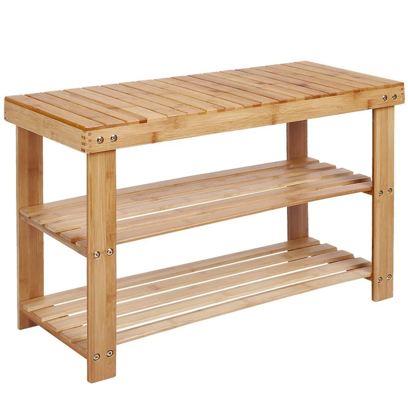 

Natural Bamboo Shoe Rack Bench 2 Tier Shoe Organizer Entryway Seat Storage Shelf Hallway Furniture