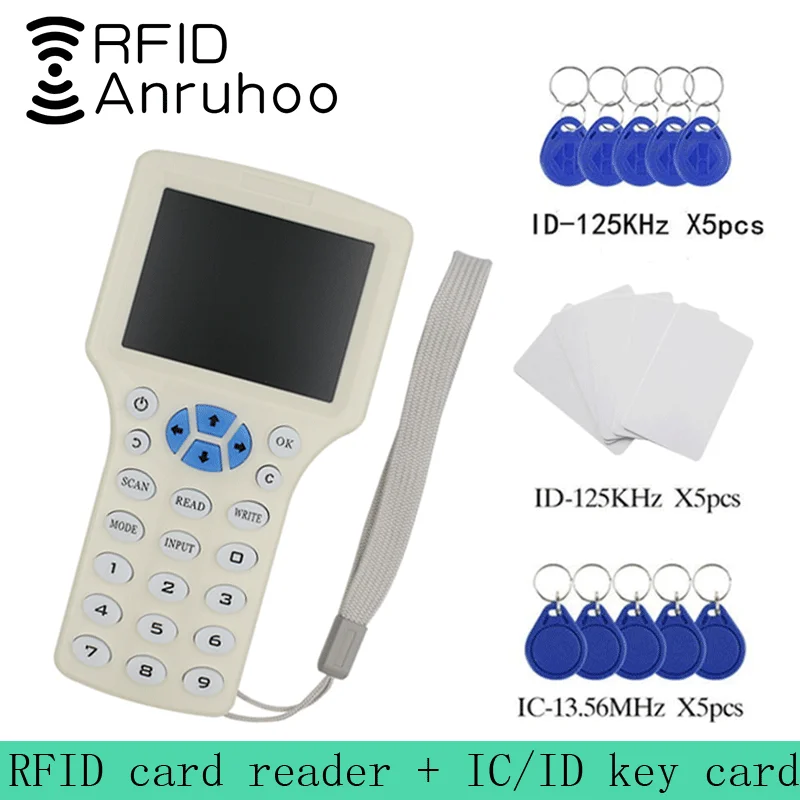 Lector de tarjetas de Control de acceso RFID, frecuencia IC/ID, NFC, escritor de tarjetas de cifrado, Chip UID, duplicador, copiadora de llaves inteligentes, 10 en inglés
