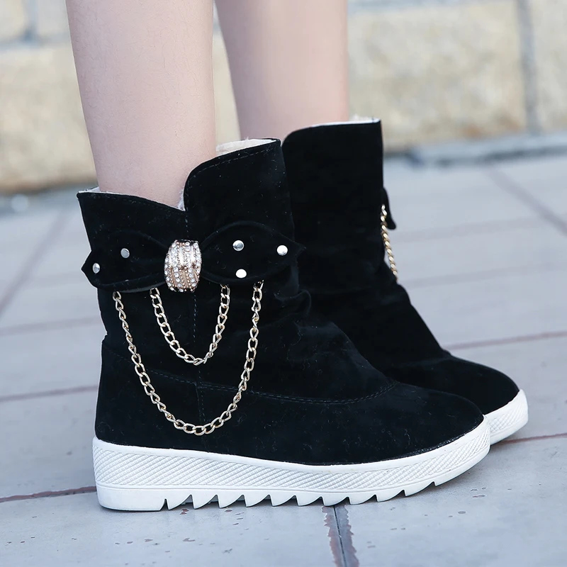 

Sfit New Women Chain Warm Snow Boots Female Casual Round Toe Bow Slip On Flats Ankle Boots Women Boots Mujer Zapatos