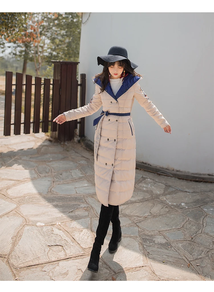 YOSIMI Winter Women Warm Down Coat Embroidery Female Long White Duck Down Jacket with Hooded Wear Both Sides Wide-waisted