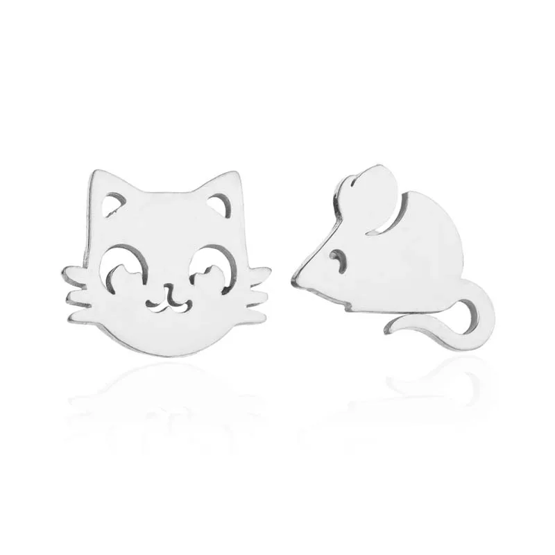  Cute Cat and Mouse Earring Asymmetry Animal Stud Earrings for Fashion Jewelry Gift pendientes mujer Stainless Steel Jewelry 