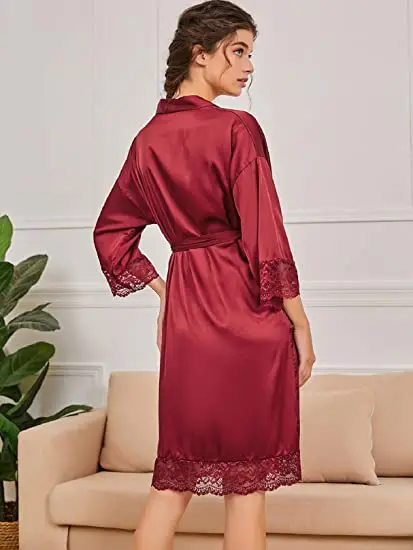 Women Ladies Sleepwear Lace Half Sleeve Nightgowns Imitation Ice Silk Sleepwear Women Night Dresses With Belt