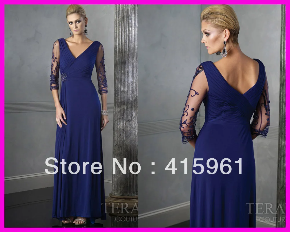 Vestido de madrinha Королевский синий v-образным вырезом бисером шифон жениха платья с длинными рукавами Мать невесты платья