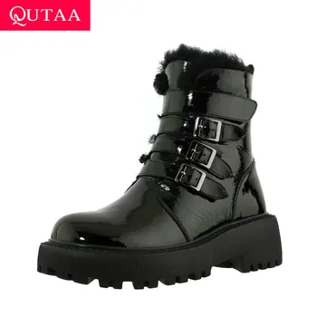 

QUTAA 2021 Ankle Boots Cow Patent Leather Antiskid Fashion Women Shoes Round Toe Hook&Loop Buckle Winter Short Boots Size 34-39