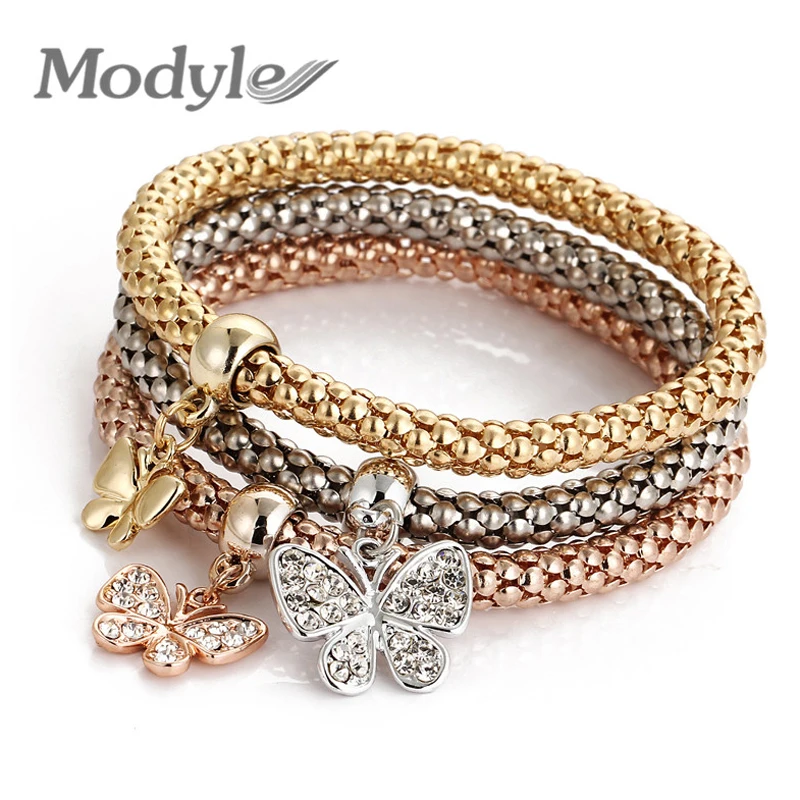 

Modyle 2018 New 3 PCS/Set Crystal Butterfly Bracelet & Bangle Multiple Shape Elastic Heart Bracelets For Women