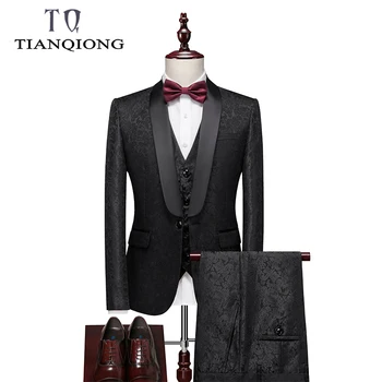 

TIAN QIONG Black Floral Jacquard Mens Wedding Suits 2020 Tuxedo Jacket 3 Piece Groom Terno Dinner Party Suits for Men S-5XL