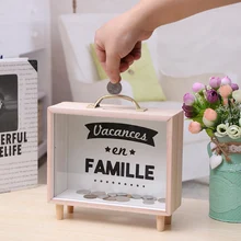 Tirelire en bois tirelire pièce de monnaie tirelire conteneur maison Transparent Vintage support lettre décorations de bureau stockage organiser(China)