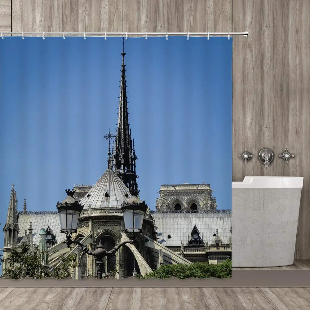 

Notre Dame Shower Curtain, Sky Notre Dame Bell Tower Landmark Architectural Decoration Shower Curtain Set Polyester Waterproof