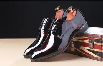 

Glossy Patent Fahion men dress shoes lace-up pointed toe print oxford for men falt party wedding shoes