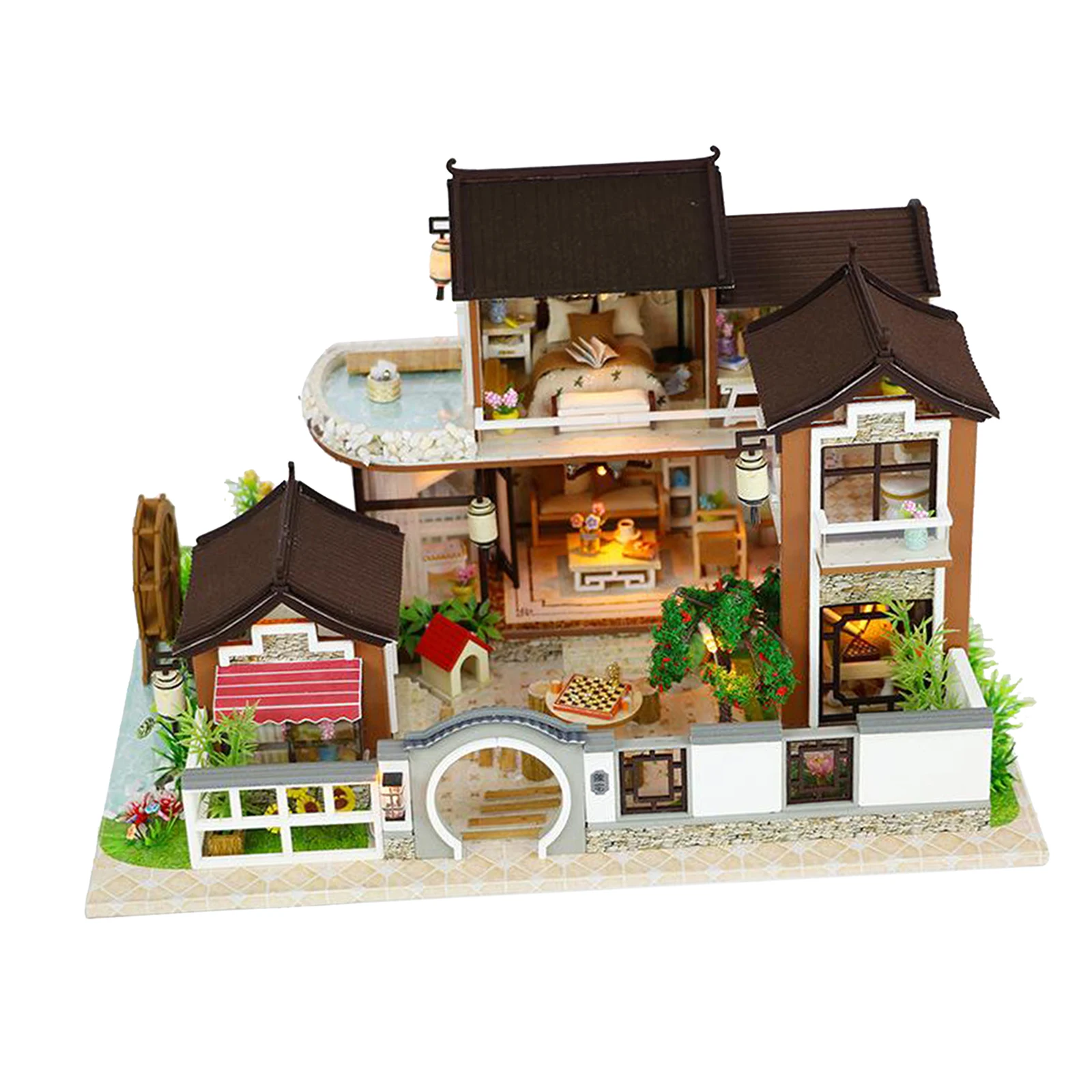 Kids Toys Dollhouse with Furniture Assemble Wooden Miniature Doll House Chinese Style Country Villa Diy For Children