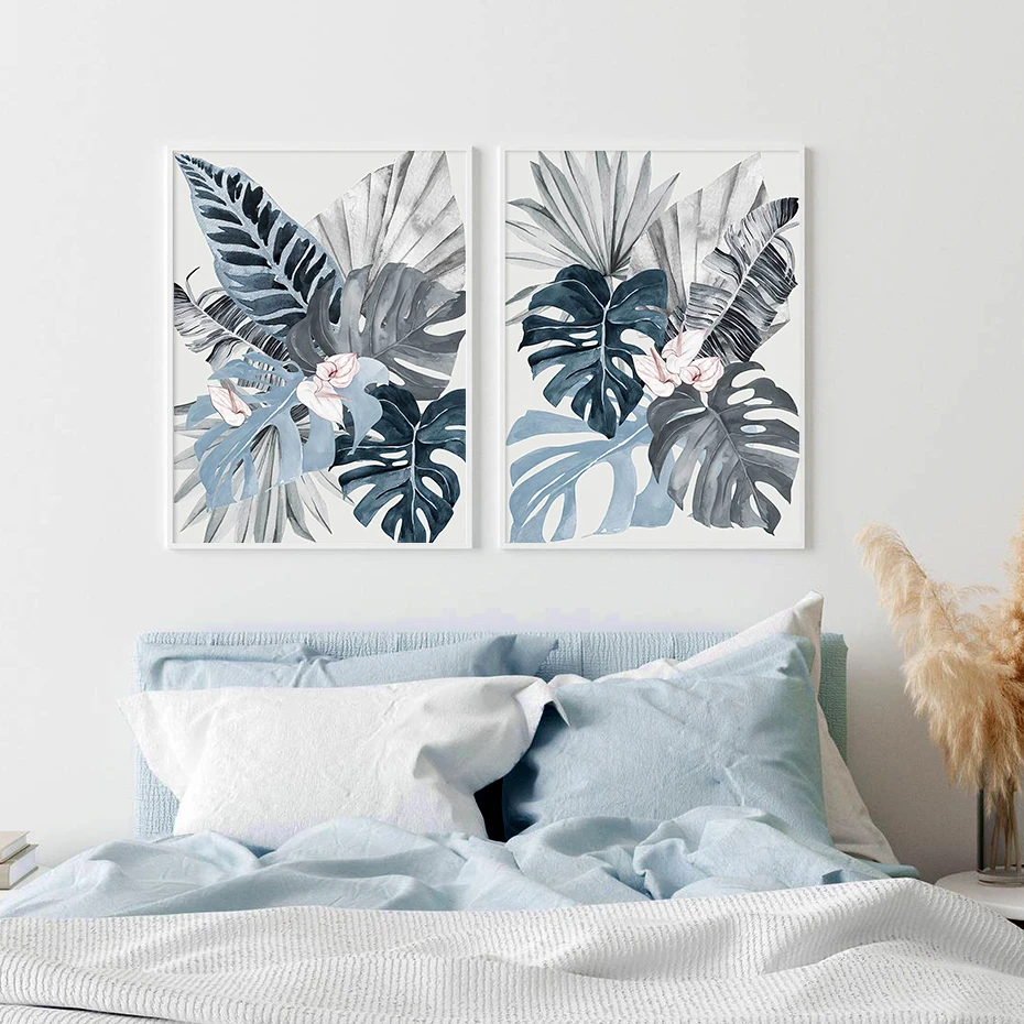 Modern Floral Tropical Blue Palm Leaf Canvas Painting Wall Art Prints Picture for Living Room Bedroom Home Decoration No Frame