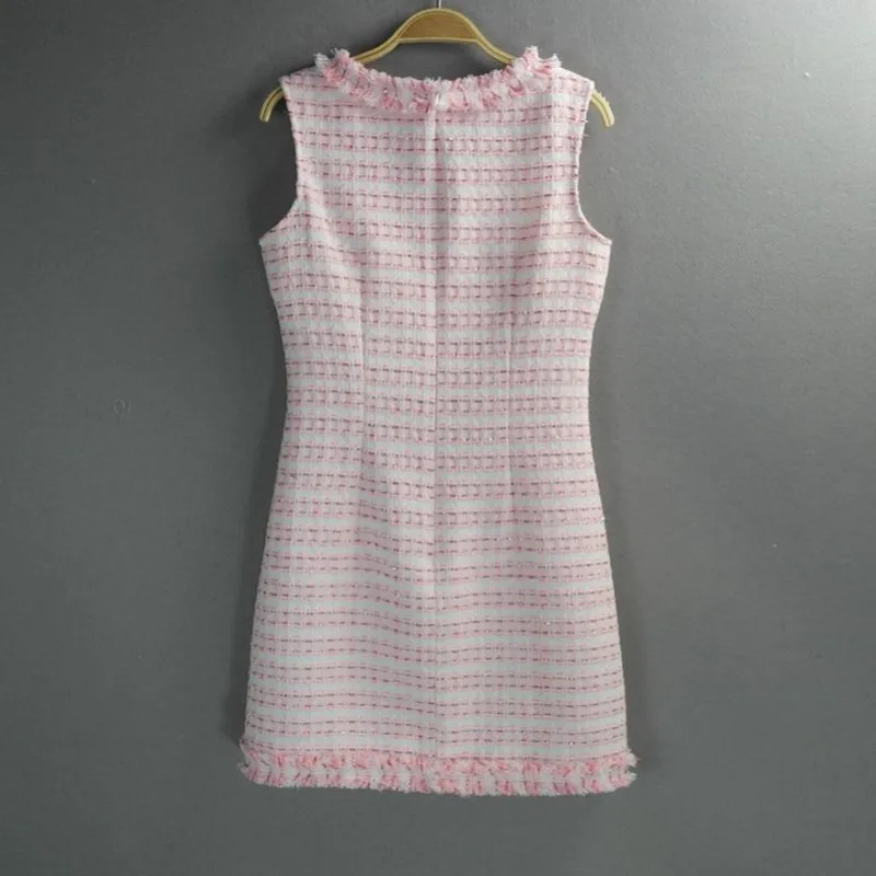 Autumn Customized Womens Fashion Sleeveless Pink Plaid Office Lady Dress Elegant Tassel Woollen Dresses Women Zipper New Design | Женская