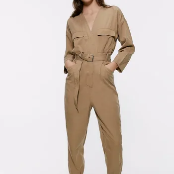 

2019 Women's actumn fashion loose harem jumpsuits v-neck full sleeve chic female's rompers bleted jumpsuits