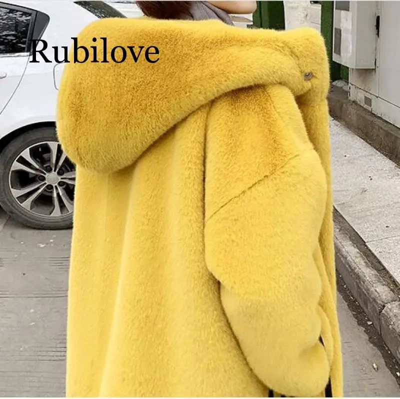 Rubilove Новое Осеннее зимнее меховое пальто женская одежда высокого качества имитация меха норки с капюшоном размера плюс Утепленные длинные пальто Femal