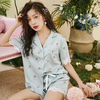 

Hot Selling Summer New Ladies Sweet Floral Printed Sleepwear Comfort Silk Satin Ins Style Girls Cute Lace Homewear Casual Wear