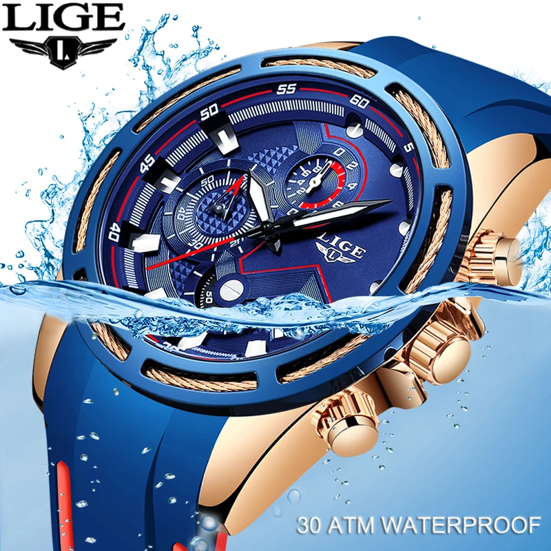 

2019 LIGE Mens Watches Top Brand Luxury Sport Chronograph Date Quartz Watch Men Silicone Strap Fashion Waterproof Watch Reloje