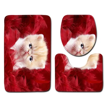 

3D Kitten Bathroom Toilet Three-Piece Floor Mat Door Mat Bathroom Carpet