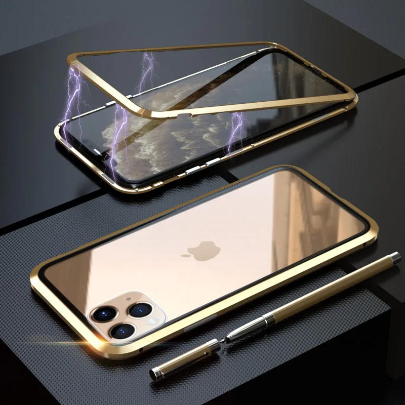 Gold 360 металлический чехол для iPhone 6, 7, 8 Plus, X, XR, XS MAX, чехол на магните, роскошный противоударный чехол из закаленного стекла для iPhone 11 Pro Max, чехол - Цвет: Gold