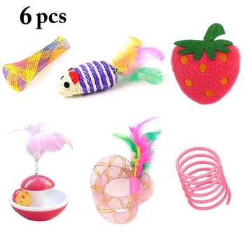 

6PCS Cat Toy Set Interactive Strawberry Cat Toy Cat Mice Toy Pet Spring Toy Feather Toy Interactive Toys Funny Training Toys