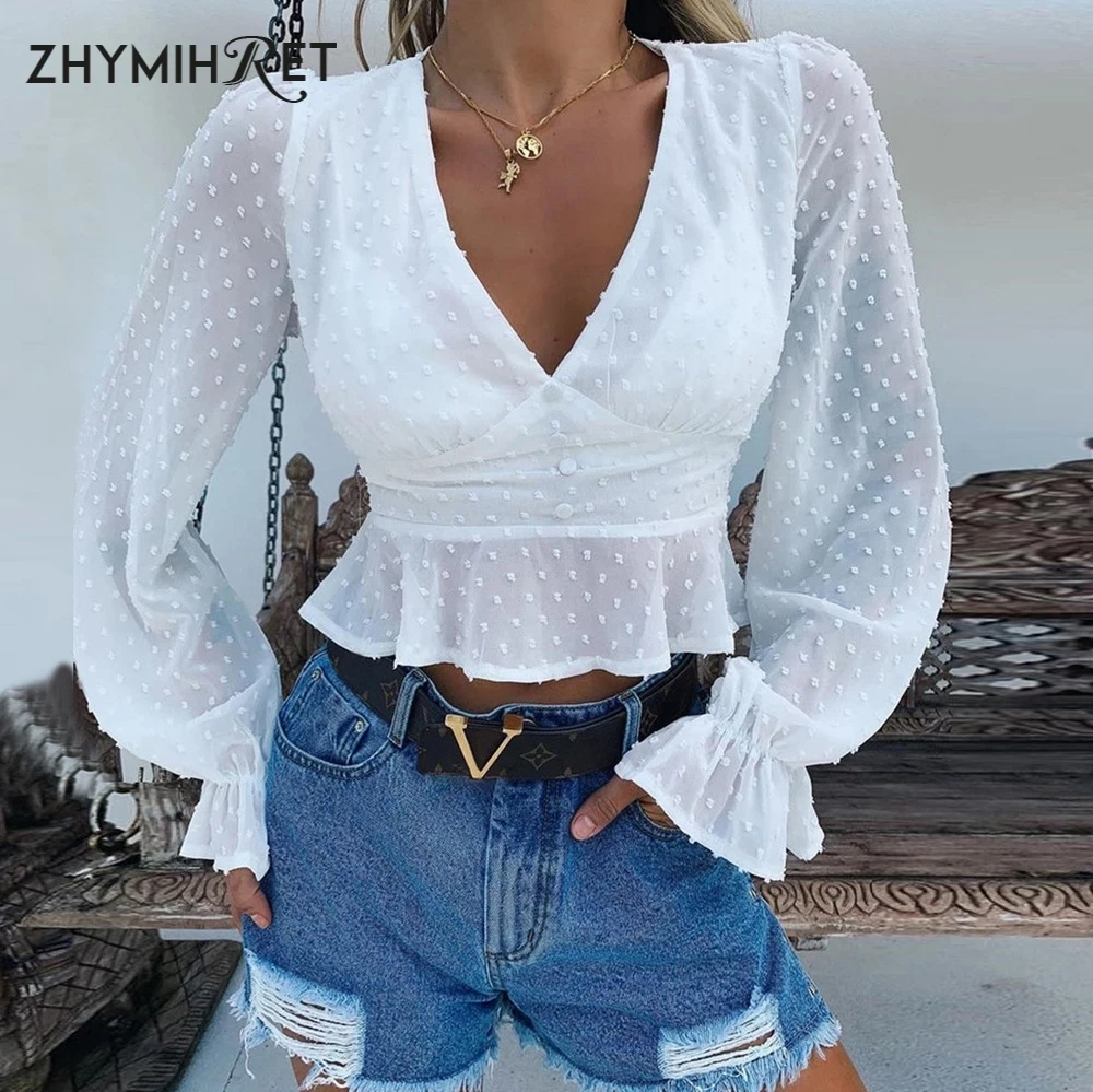 

ZHYMIHRET Sweet V Neck Ruffles Chiffon Blouse Shirt Women Long Flare Sleeve Crop Top Buttons Back Zipper Korean Style Tops