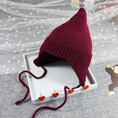 Wine Red От 6 месяцев до 4 лет детская вязаная шапка с ушками, зимняя теплая шапочка, одноцветная шапка для улицы - Цвет: Wine Red