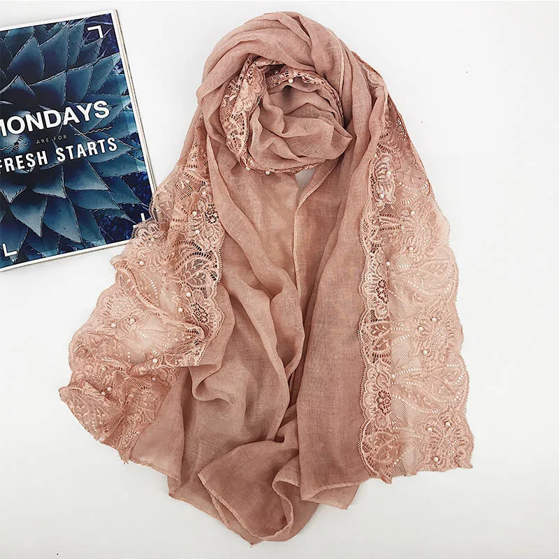 Lace floral hijab scarf plain beads cotton headband scarves wraps shawls hijab spring muslim scarf 180*80cm