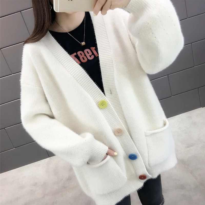 Модный женский милый кардиган осень-зима Harajuku Свободный вязаный свитер большого размера куртки на одной пуговице
