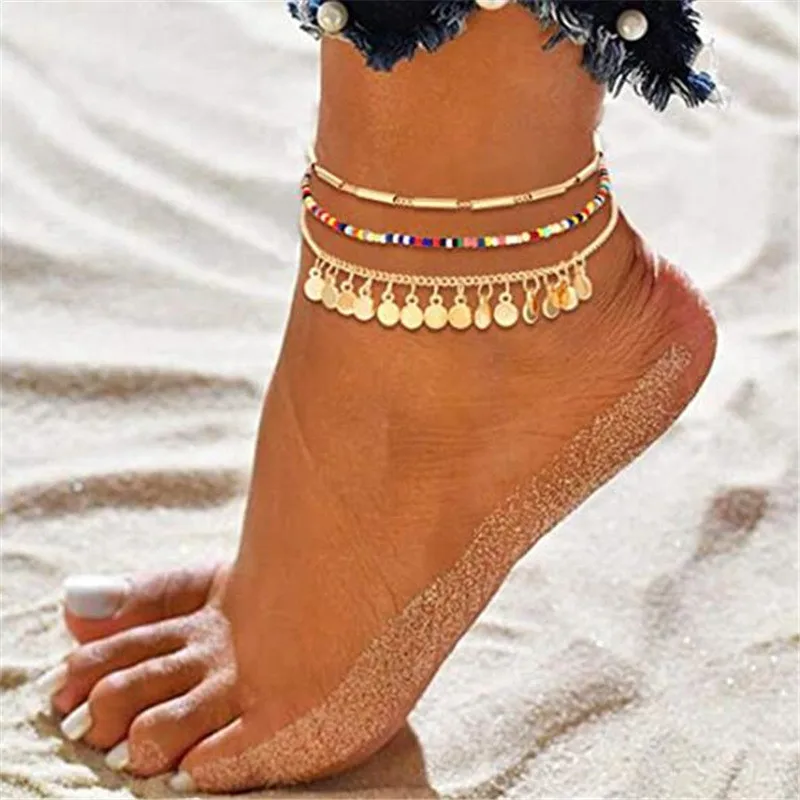 Modyle 3PCS/Lot Bohemian Sequins Anklets For Women Fashion Gold Color Bracelet Anklet on the Leg Beach Foot Accessories Modyle 3PCS/Lot Bohemian Sequins Anklets For Women Fashion Gold Color Bracelet Anklet on the Leg Beach Foot Accessories