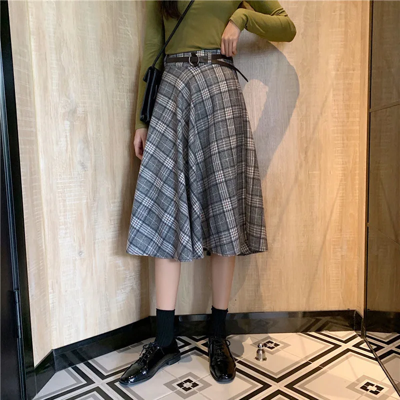 black Harajuku длинные юбки женские Осень Зима Высокая талия плиссированная шерстяная клетчатая юбка Уличная Одежда большого размера миди юбка куртка femme - Цвет: black