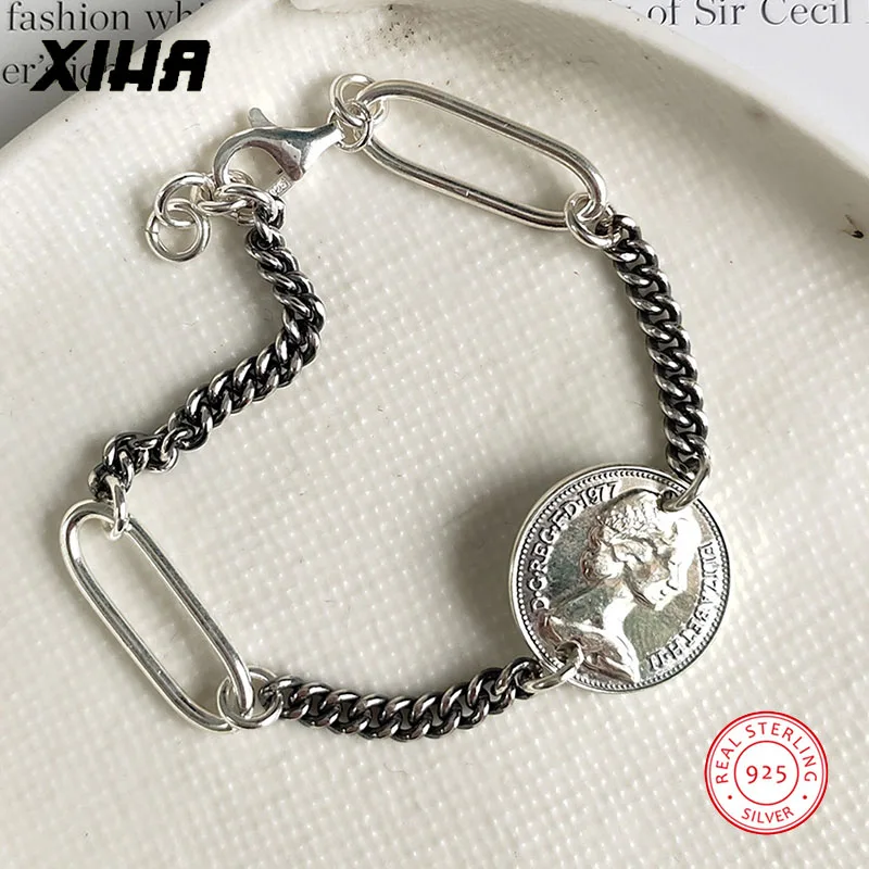Queen Elizabeth, браслет для монет, для женщин, 925 пробы, серебряный, готический, ювелирное изделие, персонализированный диск, черный, кубинская цепочка, Браслет-Шарм