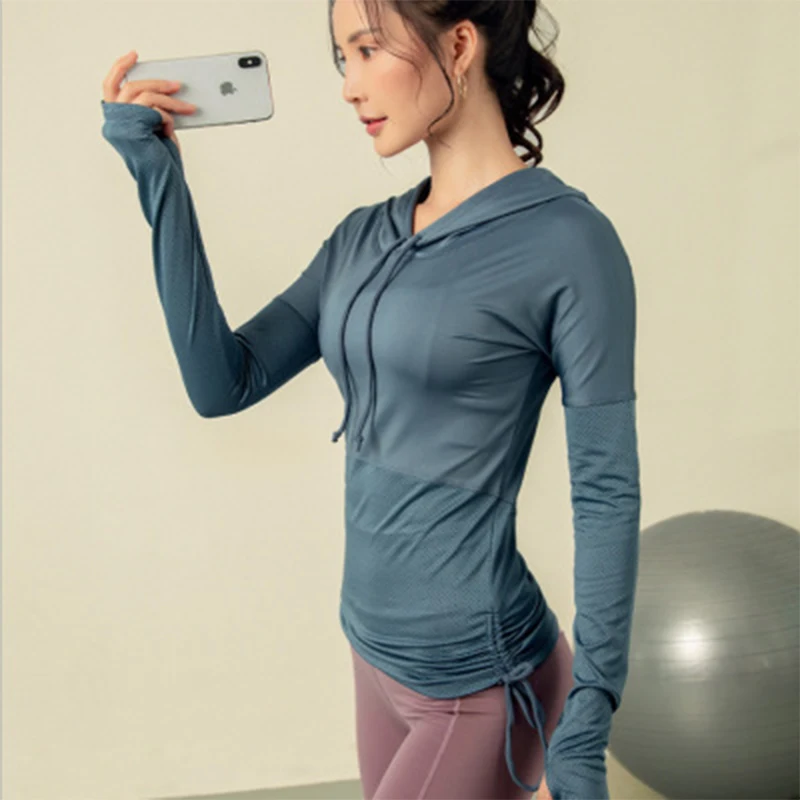 Zhangyunuo Yoga топ с капюшоном для спортзала рубашка с длинным рукавом на шнурке для тренировок спортивный женский высокоэластичный фитнес-свитер однотонная одежда для активного отдыха