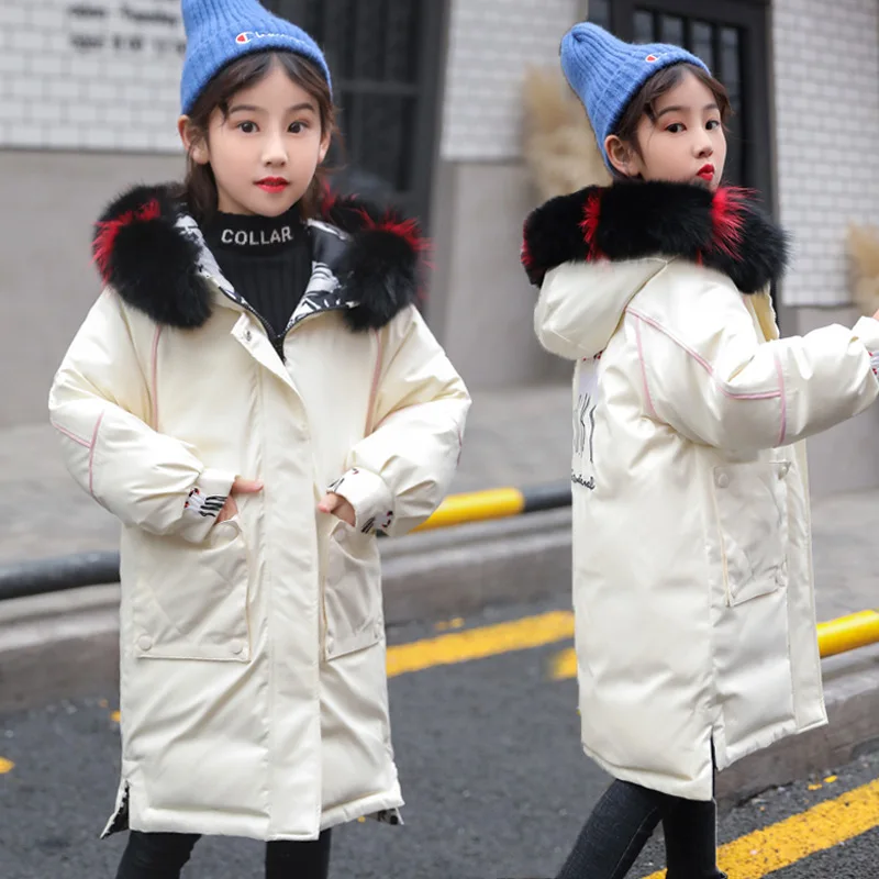 

Girls Winter Down Jacket Thicken 2019 Fashion Fur Collar Kids Outerwear Coat For Teens Girl 5-16 Y Double-Sided Wear Snow Wear