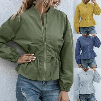 

Women Solid Color Slim Stand-up Collar Windproof Long Sleeve Short Jacket Coat Women Jackets Autumn Jacket Leather Biker Coats
