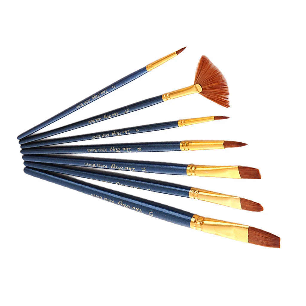 7Pcs Pointed-Round Fan Shaped Paintbrush Set Nylon Hair Artist Paint Brushes