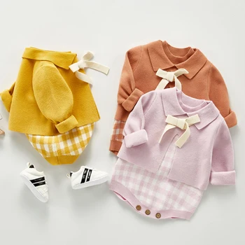 

Toddler Baby Girls Knitting Clothing Sets Autumn Baby Girls Clothes Suit Solid Color Cardigan Sweater+Lattice Romper