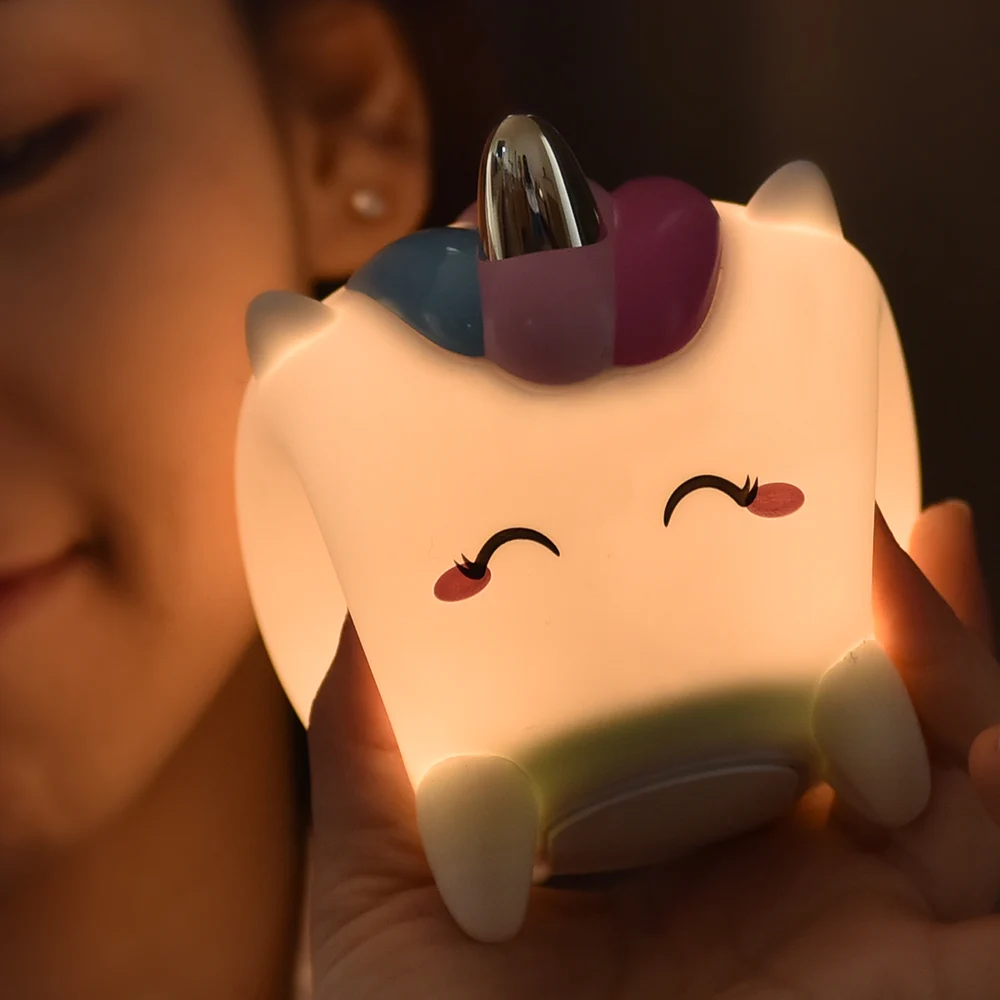 Светодиодный ночник с сенсорным датчиком и единорогом, цветной таймер, USB Перезаряжаемый мультяшный силиконовый прикроватный светильник для детей, Детский подарок