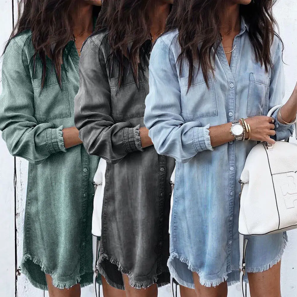 

New Vintage Women Denim Shirt Long Sleeve Loose Blouse Lady Fashion Casual Jean Blouse Shirt Fashion Hem Tassel Tops Denim Shirt