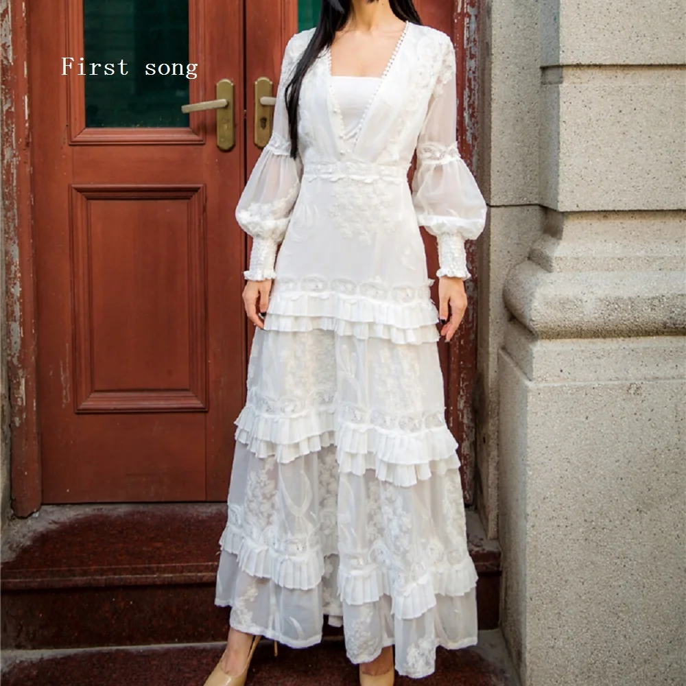 Женское кружевное платье с V-образным вырезом и длинным рукавом | Женская одежда