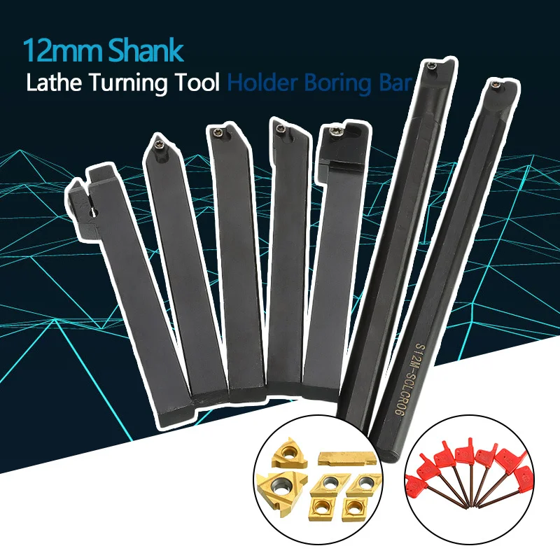 

21Pcs/Set 12mm Shank Lathe Turning Tool Holder Boring Bar +Insert+Wrench S12M-SCLCR06/SER1212H16/SCL1212H06