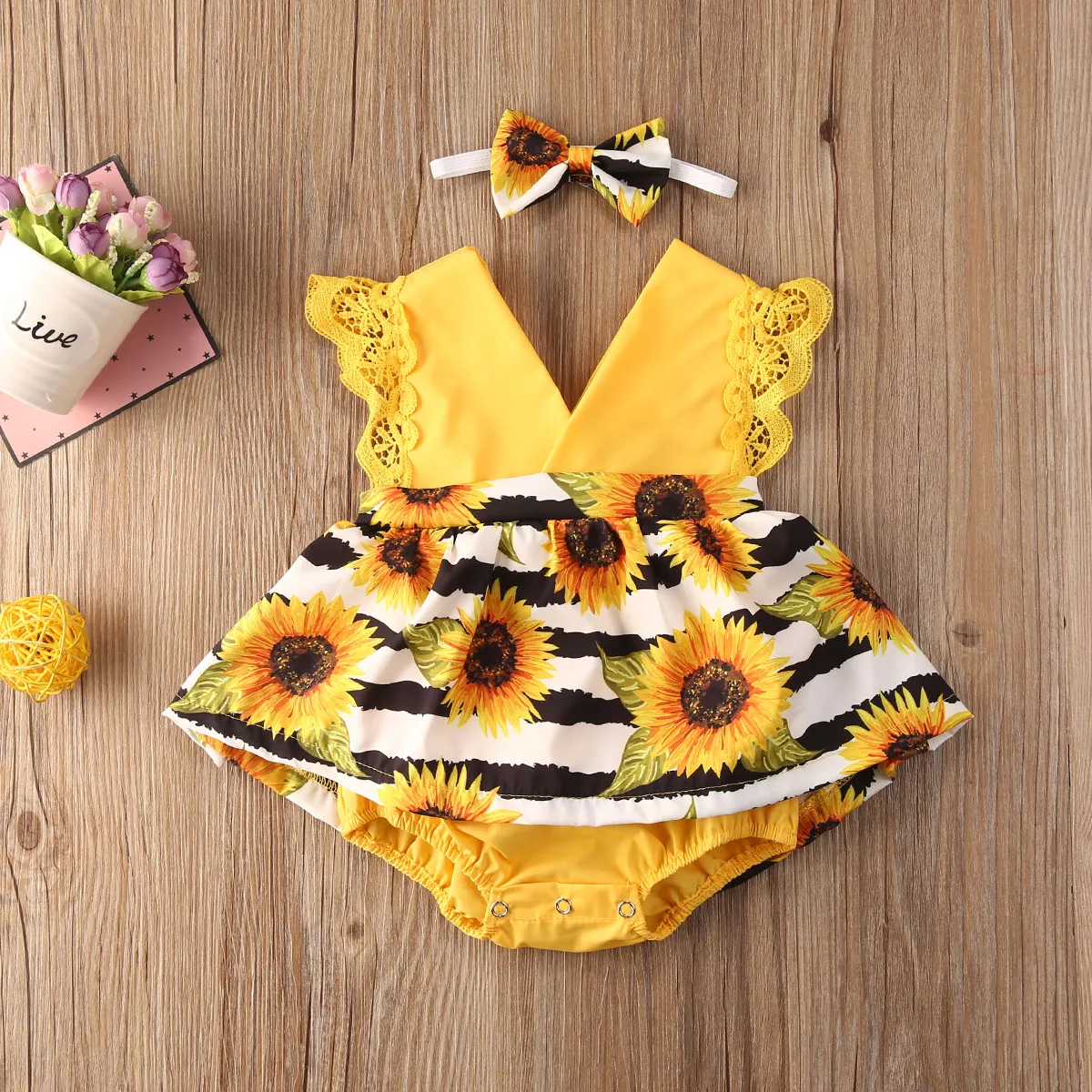 Baby Bodysuits for boy 0-24M Newborn Baby Girls Romper Dress Sunflowers Print Lace Sleeve V Neck Jumpsuits Headband 2pcs Baby Bodysuits classic