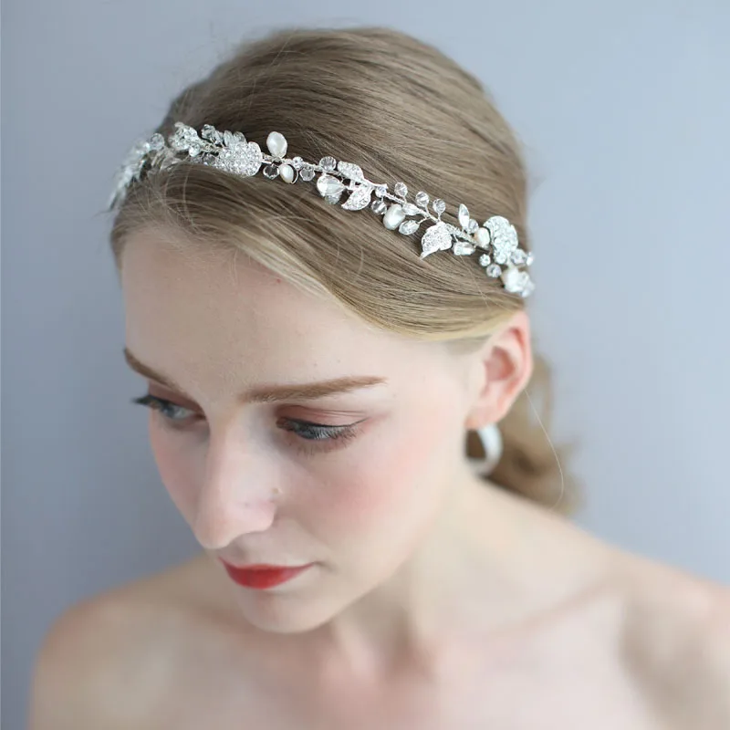 SLBRIDAL ручной работы серебряные хрустальные стразы неправильный жемчуг свадебное украшение на голову украшения для волос для свадебной прически Аксессуары женские ювелирные изделия