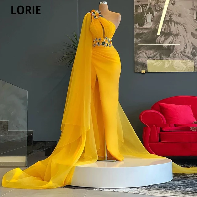 Lorie High Quality Yellow Prom Dress One Shoulder Appliques Slit Tulle Plus Size Women Long Formal Evening Party Elegant Gowns YELLOW