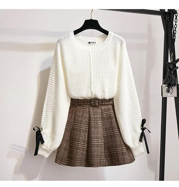 White SET ICHOIX Женский комплект из 2 предметов, Вязаный топ и юбка, корейский стиль, студенческий повседневный комплект из двух предметов, осенне-зимний комплект одежды - Цвет: White SET
