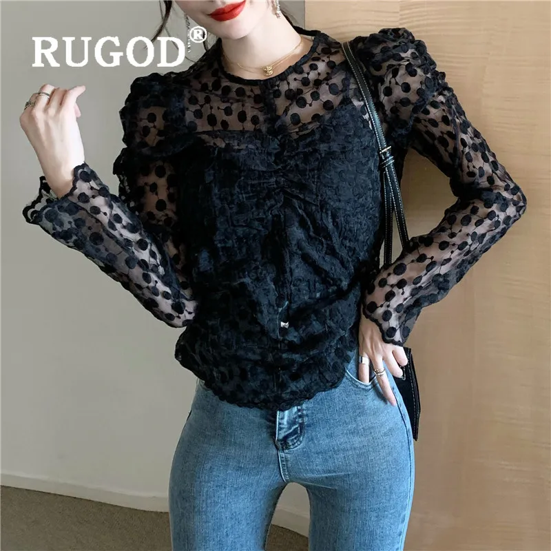 RUGOD Весенняя кружевная блузка женские блузки с длинным рукавом Прозрачный сексуальный топ корейская модная одежда женские рубашки Повседневная элегантная рубашка